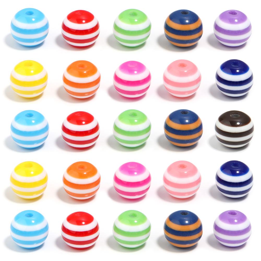 50-100pcs/lot 6 8 10 12mm Resin Round Beads Colored Stripes Spaced Beads For DIY Craft Bracelet Phone Chains Making Accessories