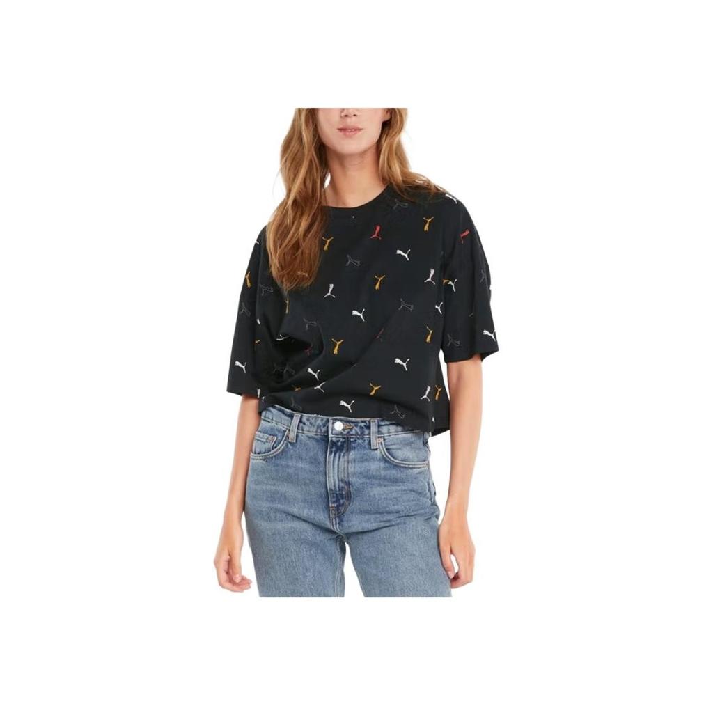 Puma Casual Sports Logo All-Over Print Round Neck Short Sleeve T-Shirt Women Tops Black 533152-01