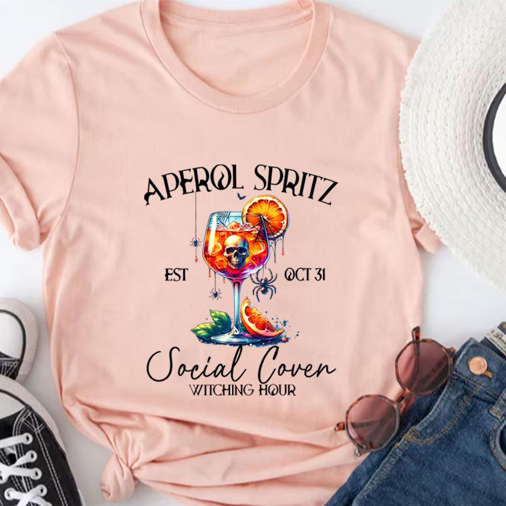 Aperol Spritz Halloween T-Shirt Spooky Halloween Shirt Cocktail Shirts Club Tee Aesthetic Witchy Top Halloween Short Sleeves Top