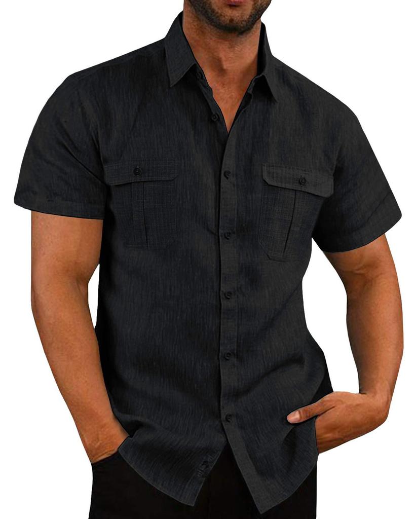 Heren Katoen Linnen Overhemden Korte Mouw Zomer Ademend Omgeslagen Kraag Casual Button-Down Shirt
