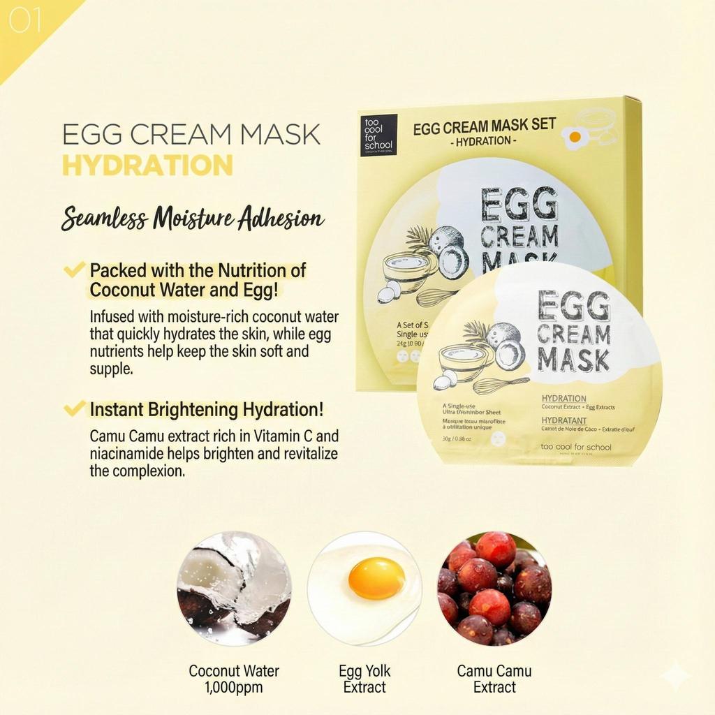 Too Cool For School – Egg Cream Mask 28g (Hydration / Deep Moisture / Firming / Pore Tightening) 9 Options