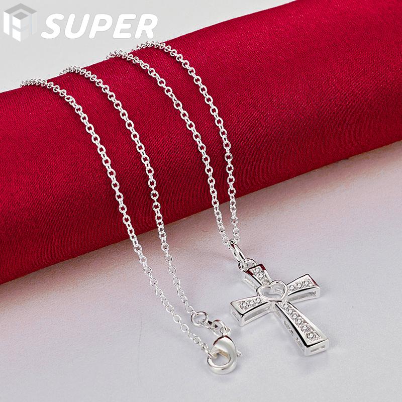 925 Sterling Silver 18 Inch Chain Cross AAA Zircon Heart Necklace Jewelry