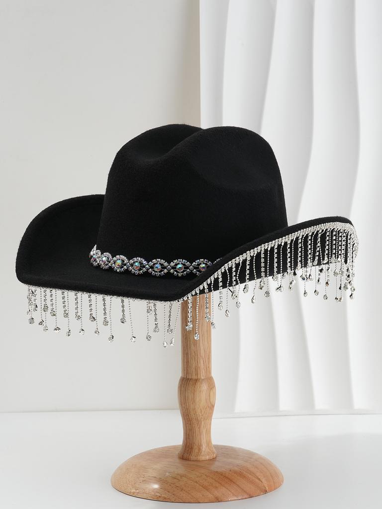 Ladies Wedding Bridal Top Hat, Western Curled Cowboy Hat, Eye Jewel with Fringed Rhinestones, Holiday Travel