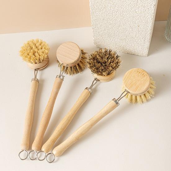 Bamboo Dish Brush Long Handle Medium-Hard Bristles Ergonomic Natural Dish Scrubber with 2 Replacement