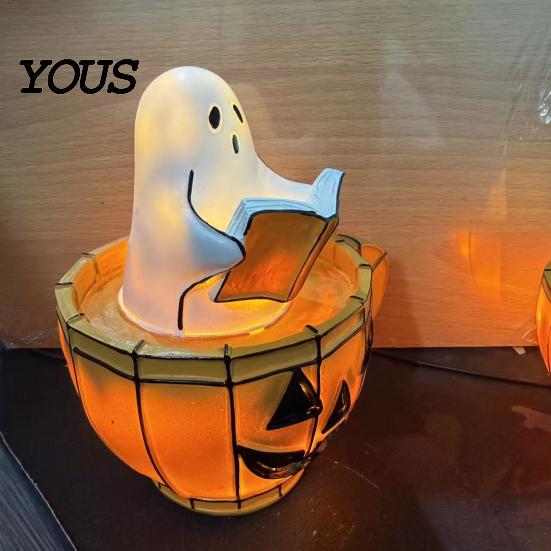 Retro Halloween Light Ghost Reading Book Lamp, Stained Glass Style Night Light, Resin Spooky Bedroom Lamp Pumpkin Bedside for Bedroom, Living