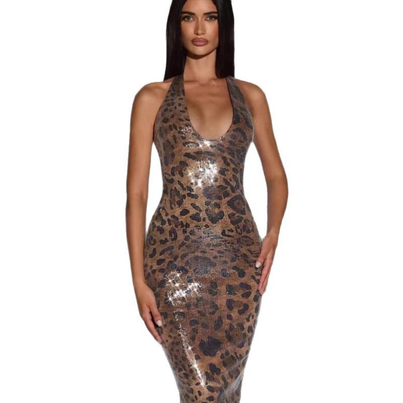 Womens Sequin Leopard Print Bodycon Dress Halter Neck Sleeveless Slim Fit Fashion Party Wear