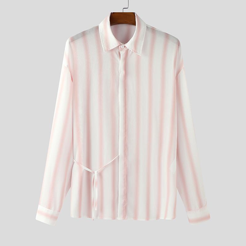 INCERUN Men Lapel Neck Long Sleeve Striped Side Lace-up Casual Oversized Shirts