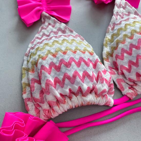 3 Pcs/Set Women Bikini Set Color Matching Lace-up Halter Neck Shirring Pleated