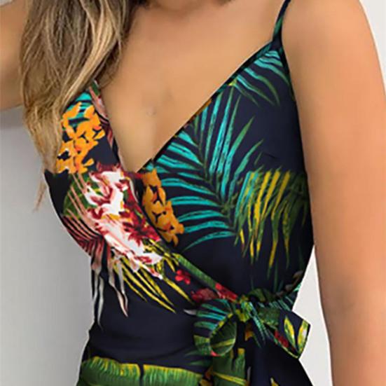 Summer Dress Floral Leaves Print Skinny Female Spaghetti Strap Bohemian Beachwear for Beach
