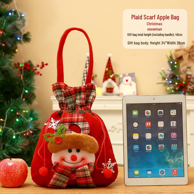 Cross-border Christmas Flannel Apple Drawstring Gift Bag with Bow - Cartoon Candy Bag for Kids