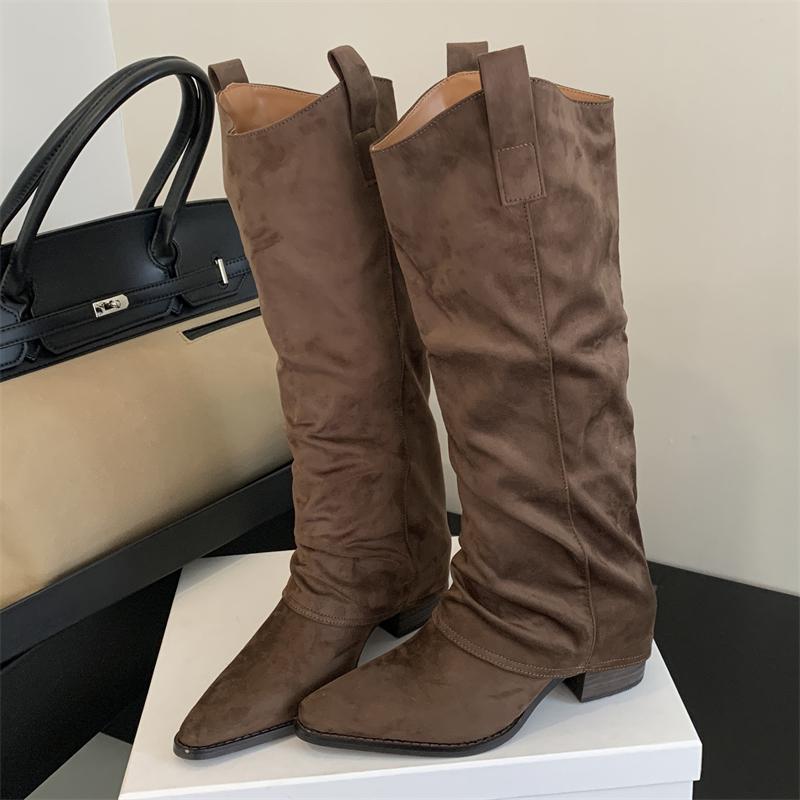 Eilyken Autumn Winter Punk Retro Woman Knee High top Pleated Pointed Toe Long Booties Square Low Heels