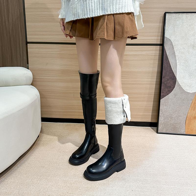 

Thousand Gold Tea Party~ Leather Over Knee Boots Tall Women s 2025 Winter New Flat Bottom Boots Fleece Leather Boots 40