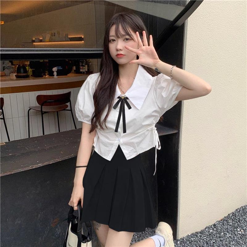 Women s College Style Puff Sleeve White Shirt, Short-Sleeve Tie-Waist Top, Petite JK Uniform Style Summer Blouse M