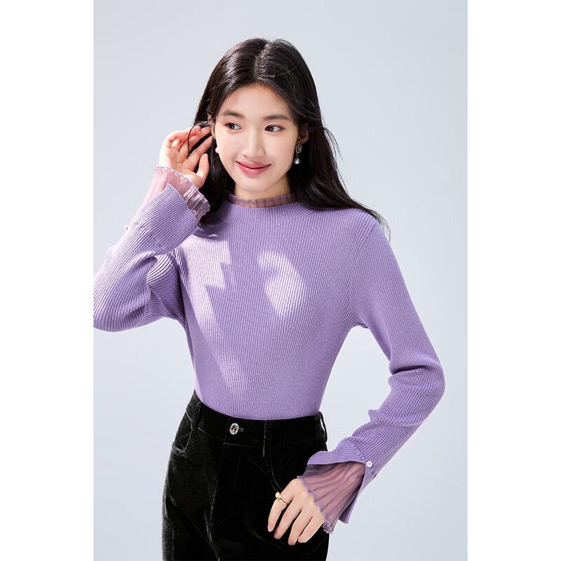 

Elegant Mesh Panel Semi-High Neck Knit Top L
