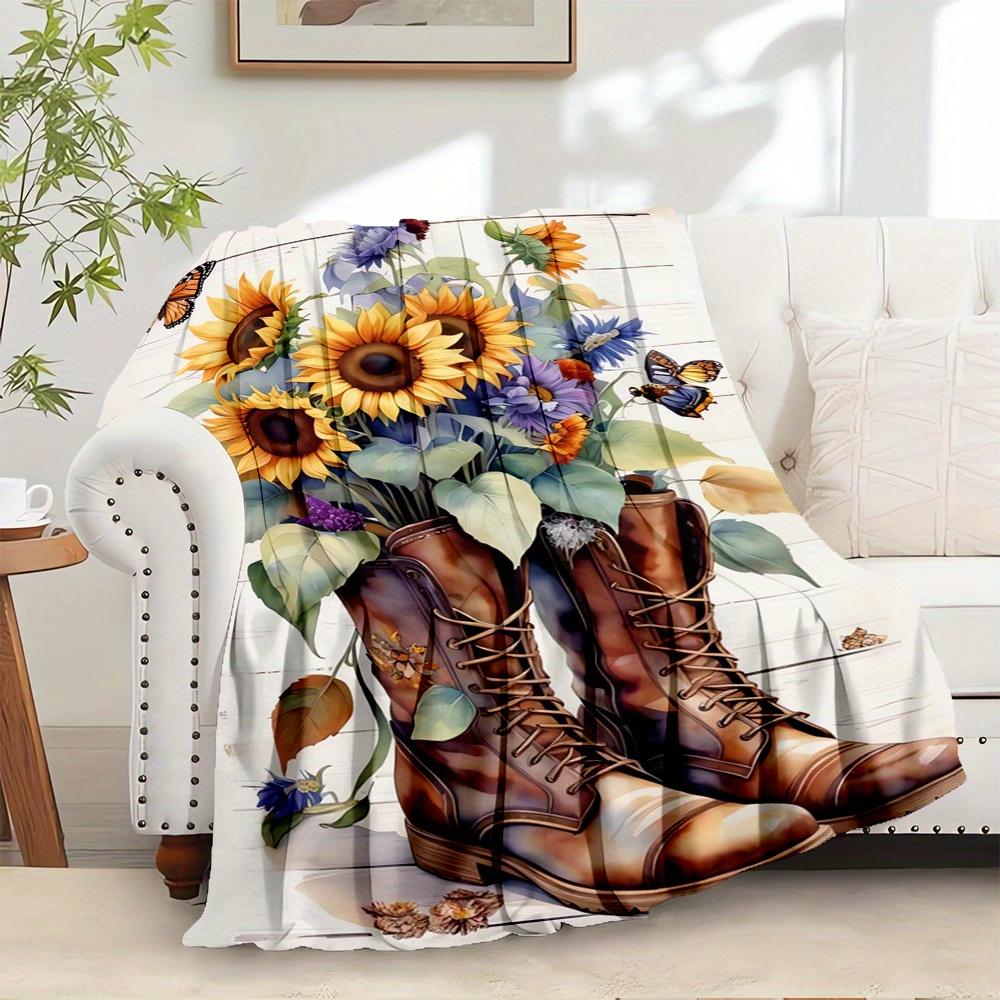 For Boots,Sunflowers,Butterflies-Themed Flannel Blanket, Glam Style, Digital Print, All-Season Comfort, Tear-Resistant, Knitted Craftsmanshi