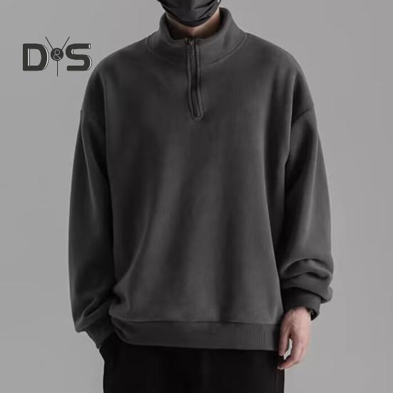 Men Fall Winter Sweatshirt Half Zipper Stand Collar Retro Solid Color Double-sided Velvet Loose Pullover Long Sleeve Top for School Dating And Travel
