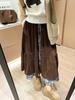 Brown Bohemian Vintage Corduroy Patchwork Check Half Skirt for Women Autumn Winter Fashion Leaf Edge Drawstring Wide Skirt