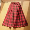 Japanese Preppy Style Autumn Winter Women Midi Skirt High Waist Red Plaid Woolen Skirt Vintage Wool Elegant Christmas New Year Skirt With Pockets