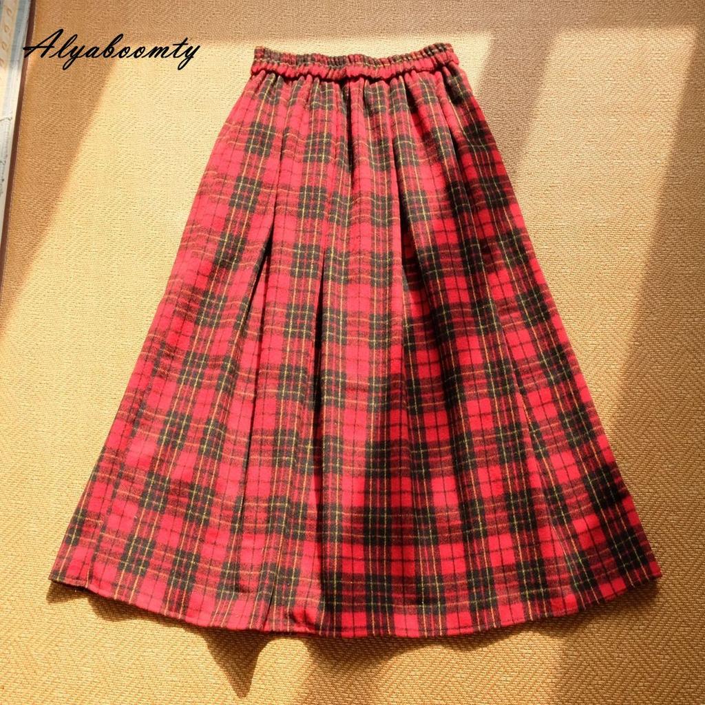 Japanese Preppy Style Autumn Winter Women Midi Skirt High Waist Red Plaid Woolen Skirt Vintage Wool Elegant Christmas New Year Skirt With Pockets