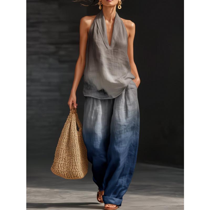 1116 set European and American women's clothing printed neck V-neck sleeveless casual pants set