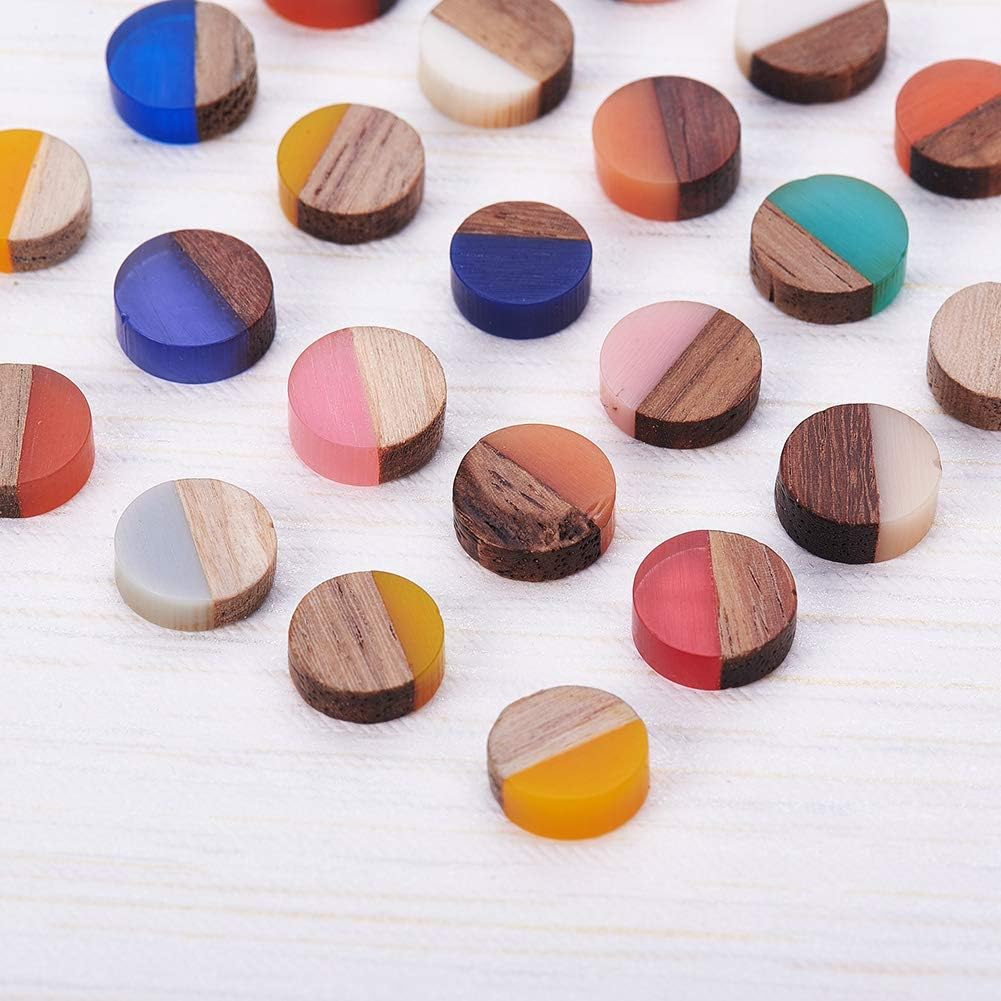 LiQunSweet 50 Pcs Handmade Mixed Random Color Vintage Natural Wood with Resin Cabochon Charm Bead Without Hole Round Shape for Necklace Earring