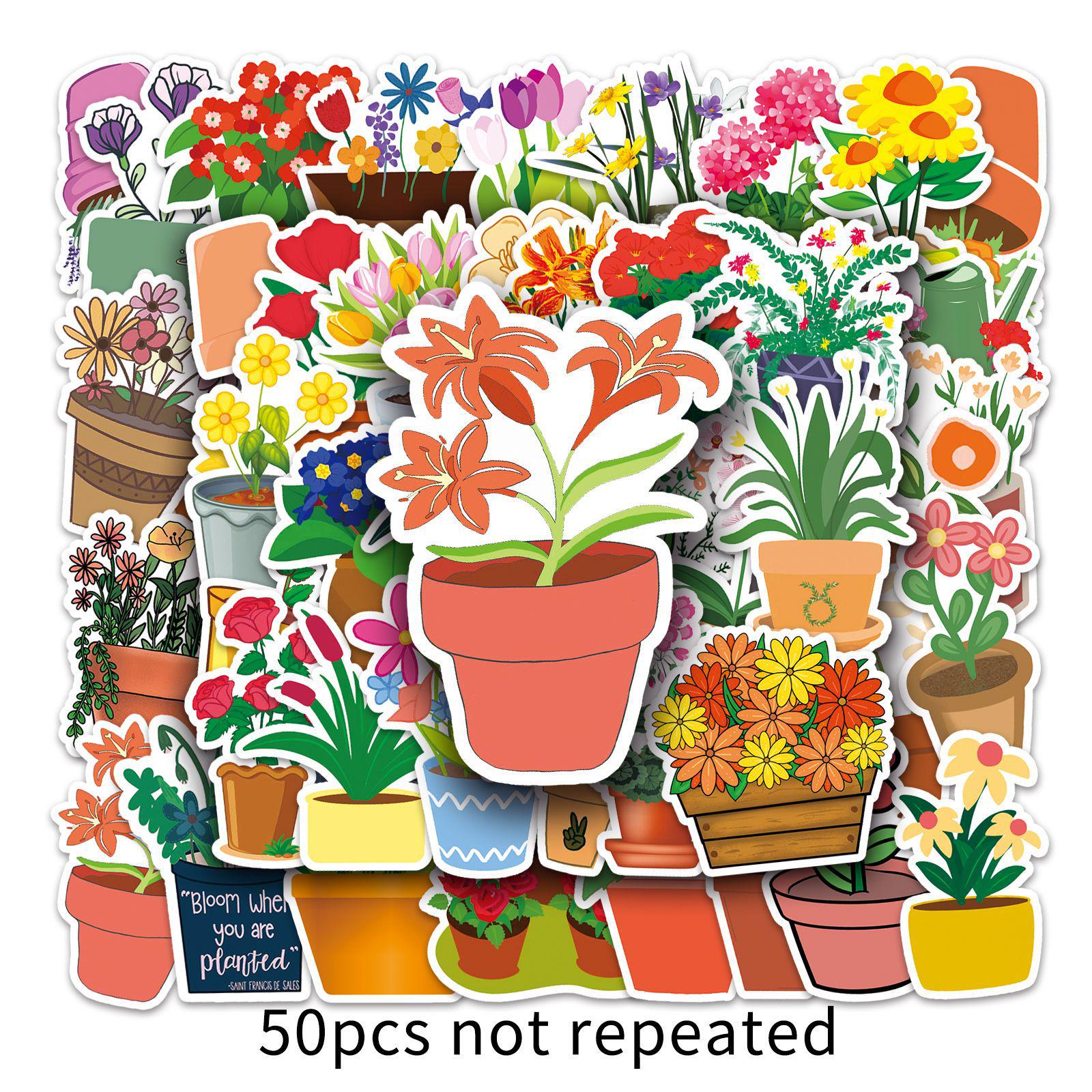 

50-Piece Cartoon Plant Flower Stickers for Laptops, Cars, and Suitcases