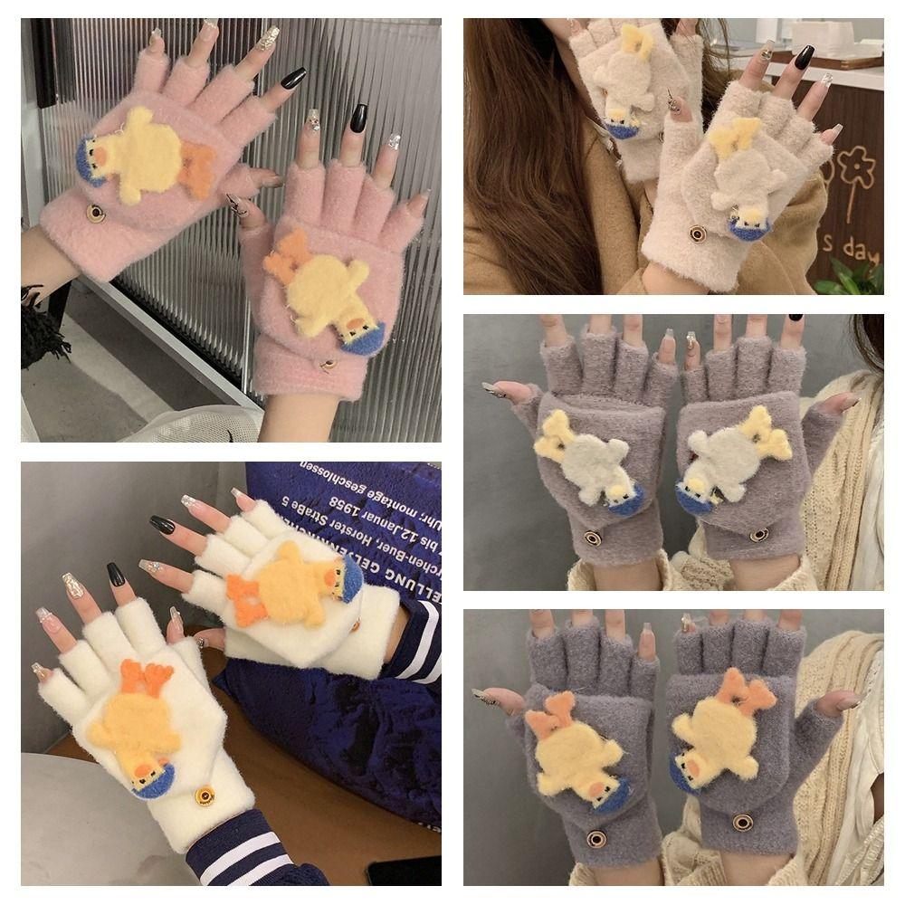 Duck Flip Plush Gloves Cartoon Winter Mittens Cute Half Finger Gloves  Writting