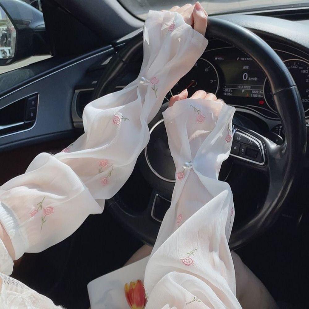 

Ice Silk Sunscreen Sleeves Embroidered Arm Cover Simple UV Protection Outdoor