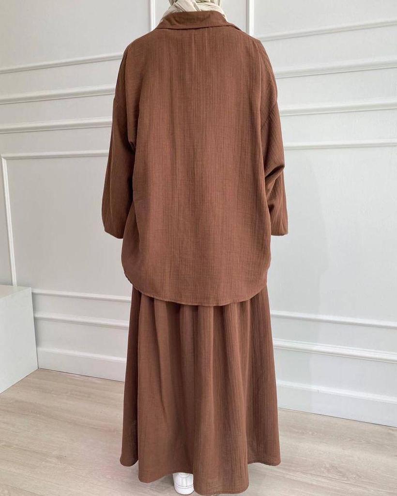 2024 Muslim Middle Eastern Women's Puff Sleeve Shirt and Skirt Casual Suit