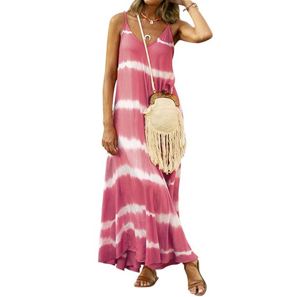 Women Tie Dyed Striped Printed V Neck Sleeveless Maxi Dress