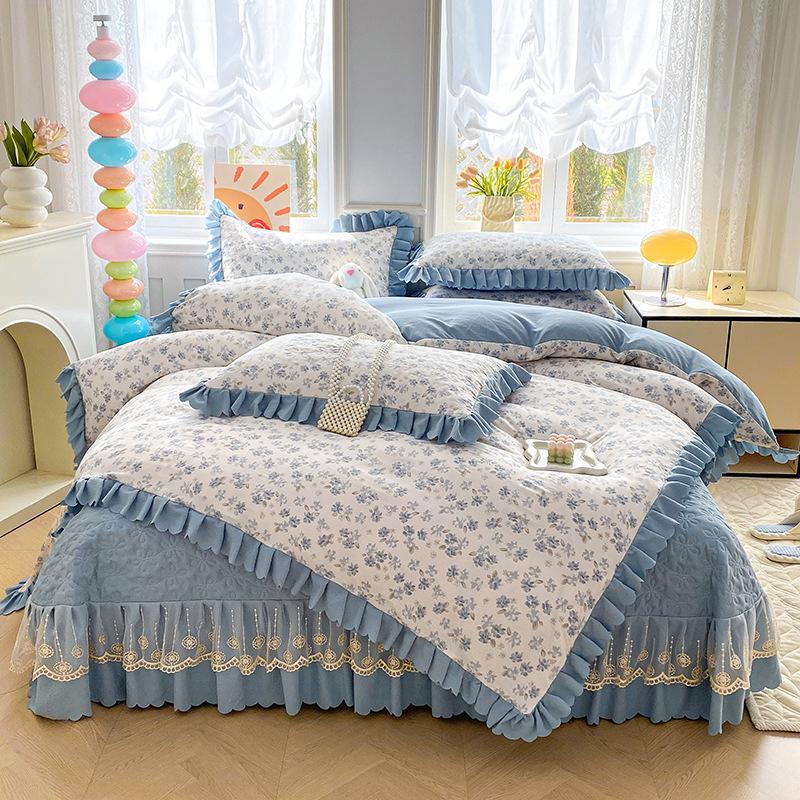 Pure Cotton Double-layer Yarn Quilt Cover Bed Skirt Lace Single-piece Three-piece Four-piece Set Four-season Universal Bed Sheet Quilt Cover
