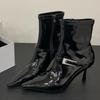 Luxury Crystal Buckle Design Sexy Pointed Toe Women's Ankle Boots Patent Leather Side Zipper Short Boots Ladies Banquet Heels