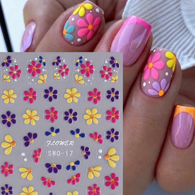 Colorful Embossed Flower Nail Stickers, Semi-Glossy Irregular Fantasy Floral Nail Art Decals, Single Use DIY Self-Adhesive Summer Manicure Decor