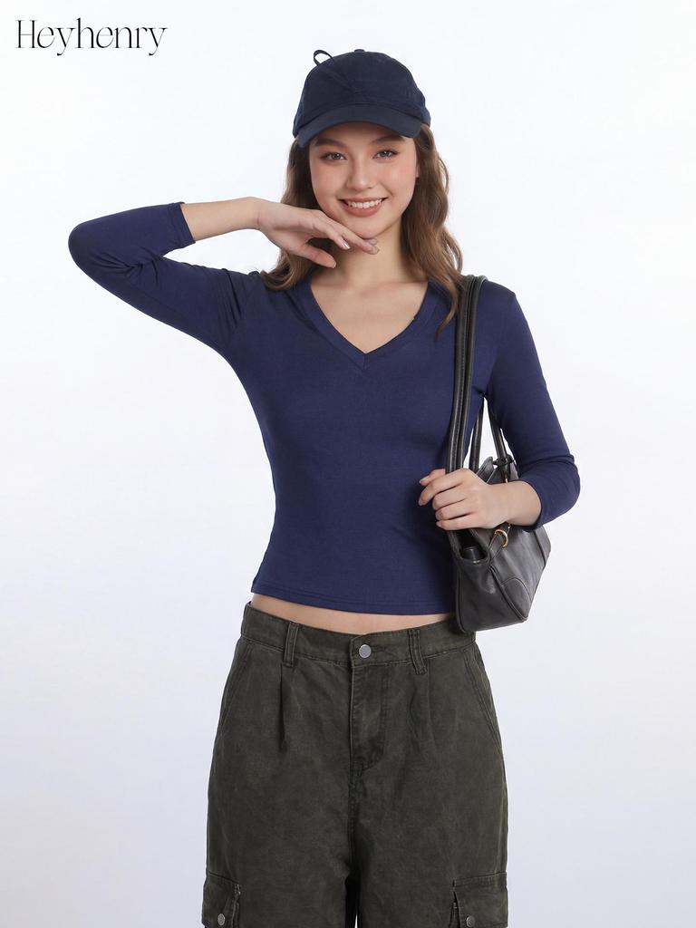 HeyHenry Women's V-Neck Short-Sleeve Slim Fit Cropped Lyocell Top