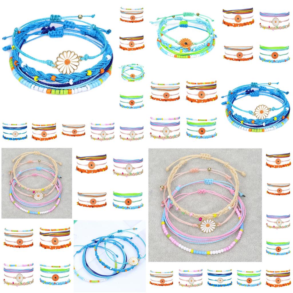 Stylish Handcrafted Bracelet Set With Waterproof Wax Thread And Alloy Sunflower Beads