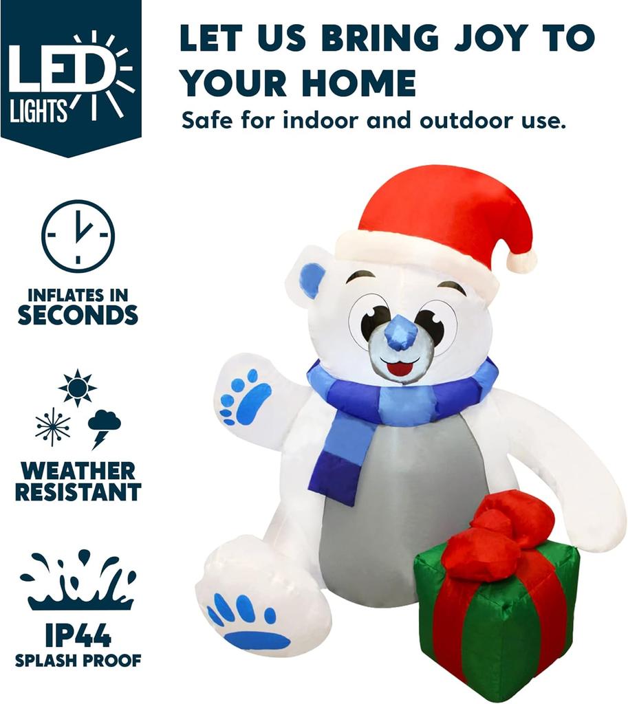 JOYFY 4 ft Christmas Inflatable Polar Bear with Gift Decoration Polar Bear with Build-in LEDs for Xmas Yard Decoration