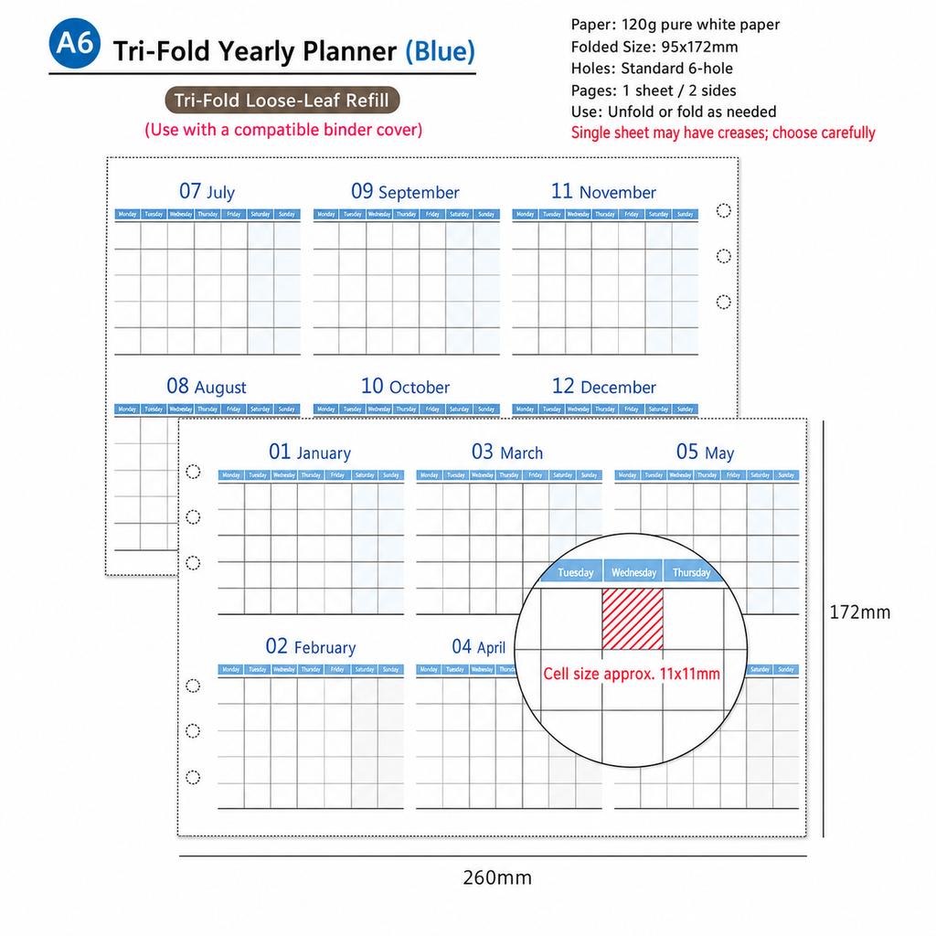6-Hole Binder Refill Page Monthly Monthly Calendar Insert Loose-Leaf Calendar Page Thick Monthly Planning Insert For Office Work
