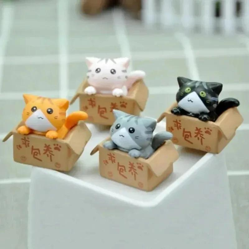 4Pcs Mini Cute Landscape Cardboard Box Cat Ornaments Garden Kitten Statue Gift for Animal Miniature Figurines Home Decoration