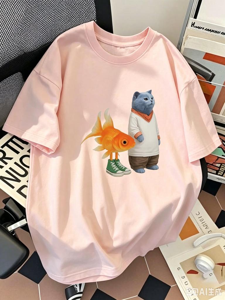 Funny Cute Cat And Goldfish Graphic Print Tshirt Unisex Casual Short Sleeve Cotton Tee Streetwear Loose Tops For Unisex Unisex