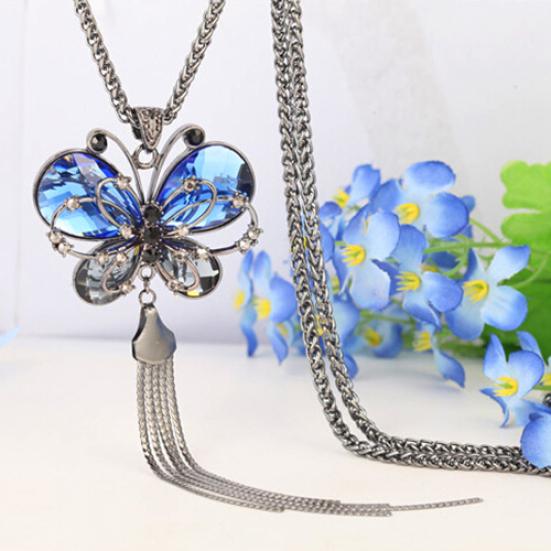 Collier avec pendentif papillon pour femmes, glands en strass, longue chaîne de pull, bijoux