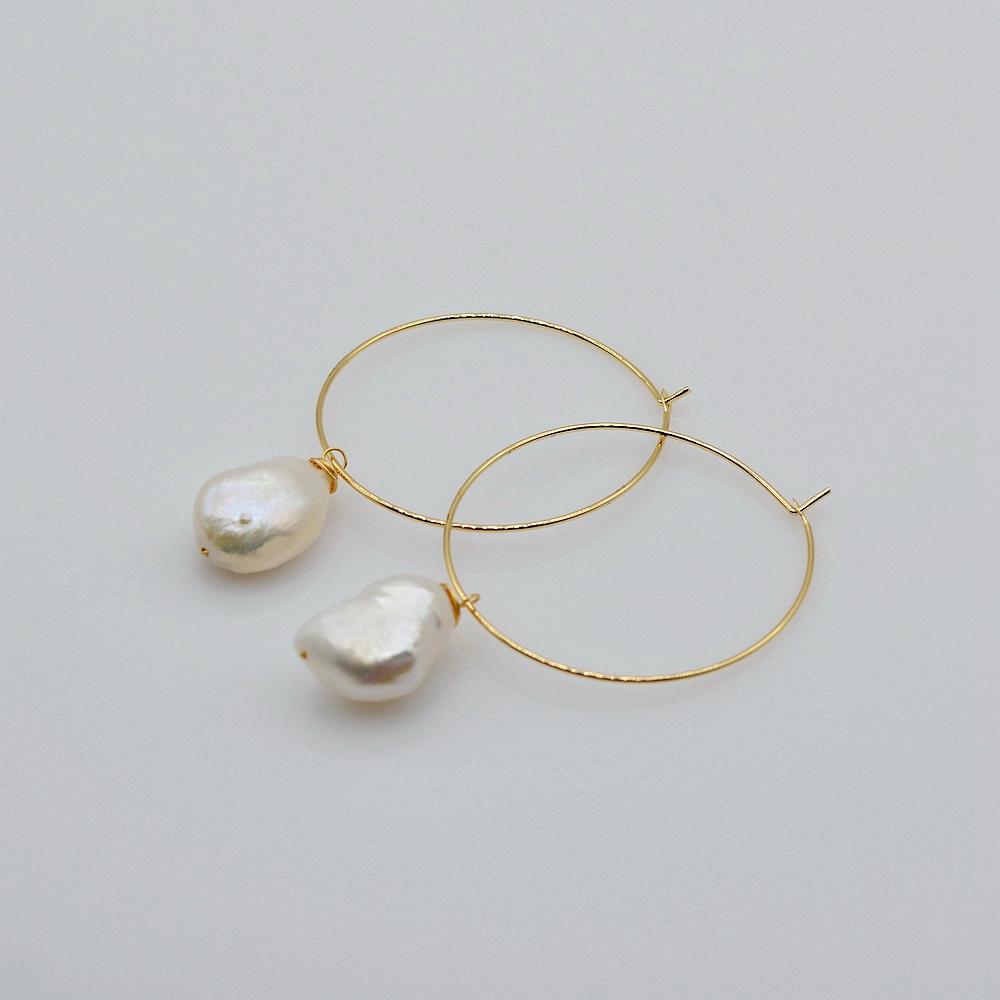 Round Earrings White Natural Freshwater Pearls Large Gold Earrings Baroque Pearls Handmade Gold Earrings Women's Earrings