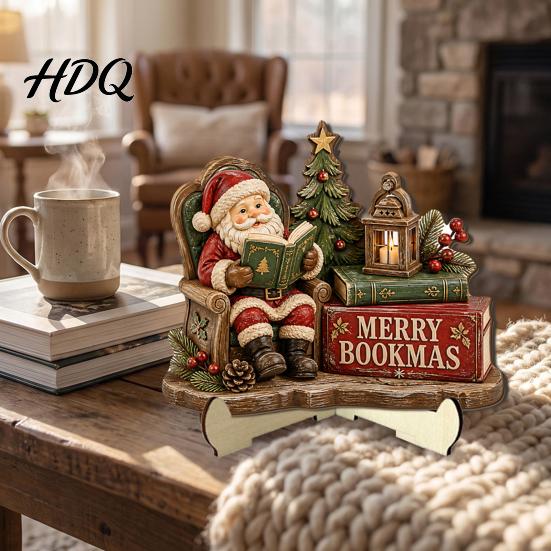 Reading Figure Ornaments 2D Flat Wooden Christmas Tabletop Sign Gnome Nutcracker Snowman Santa Claus Unique Gifts for Readers Gingerbread Man