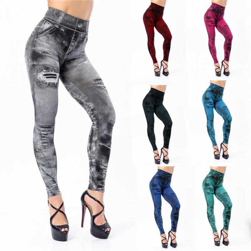 Schlanke Damen-Leggings, Faux-Denim-Jeans, hohe Taille, elastische Hosen, Push-Up-Hose