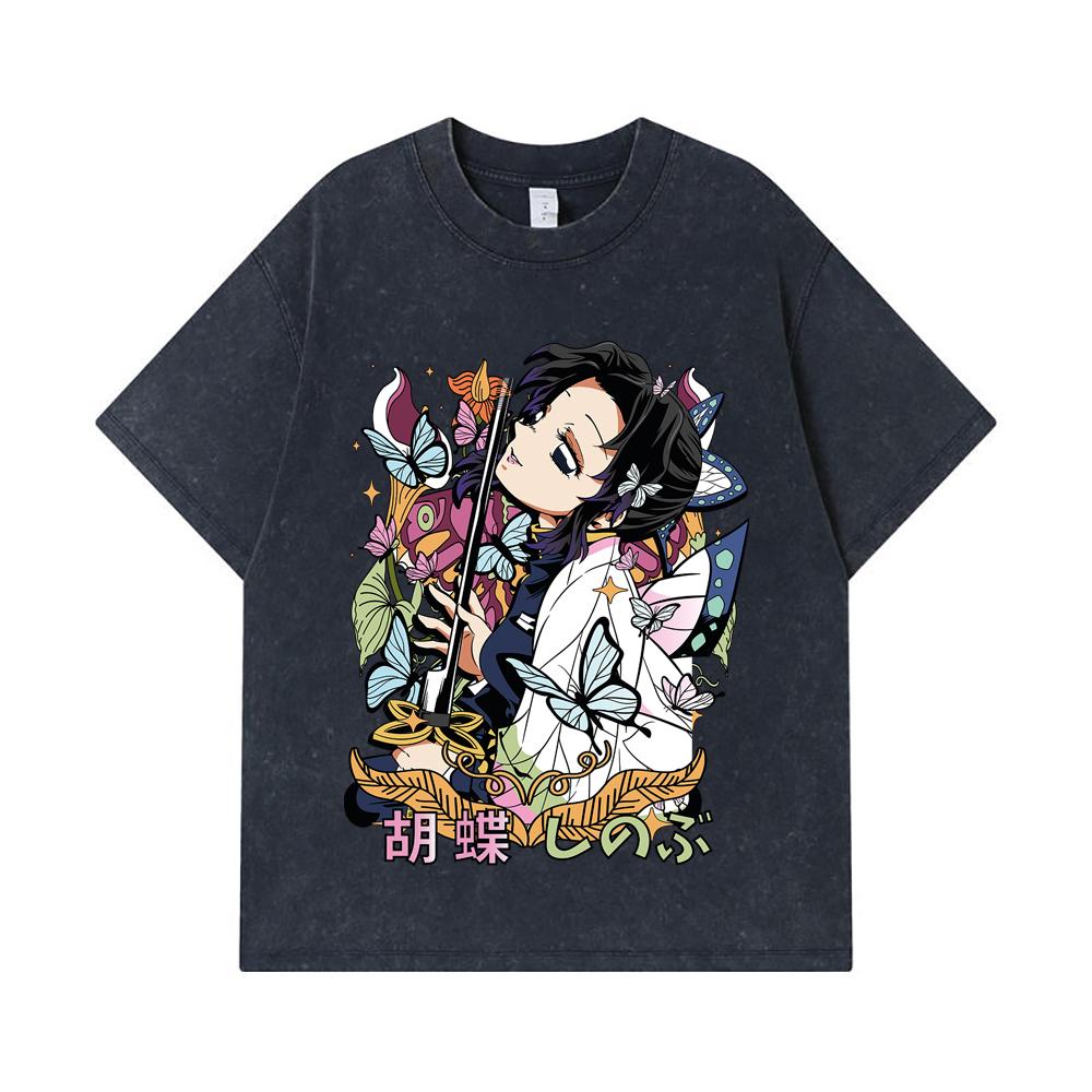 275 GSM Washed T-shirts 100% Cotton Demon Slayer V104 Shinobu Flower Print Unisex Heavy Cotton T Shirt