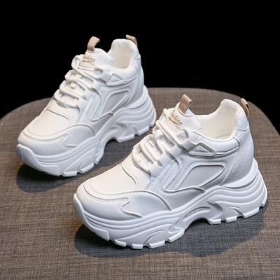 Adidași de damă cu platformă din piele PU, de primăvară-toamnă, cu talpă groasă antiderapantă vulcanizată, pantofi de damă albi și negri cu șireturi, pantofi de mers