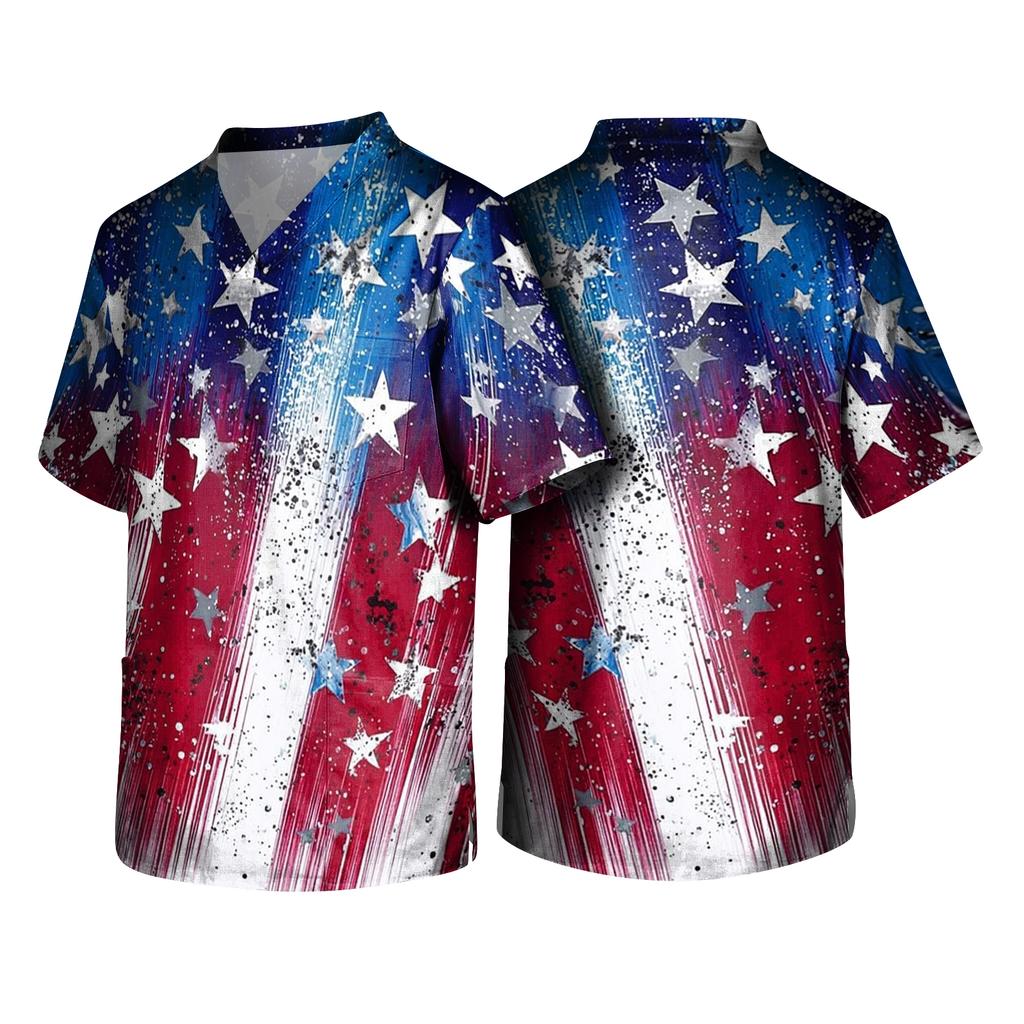 Men's Short Sleeve V Neck Medical Scrub Top with Front Pocket Independence Day Print Healthcare Uniform Shirt for Nurses and Caregivers