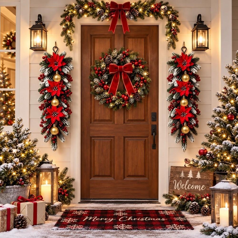 4pcs Red Berries Christmas Hanging Vine Poinsettia Flower Christmas Atmosphere