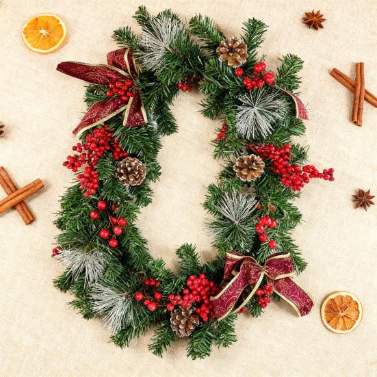 180/270CM Christmas Artificial Pine Garland with Bow Red Berries Pinecone Faux Pine Needle Rattan Mantle Fireplace Porch Hanging Decoration