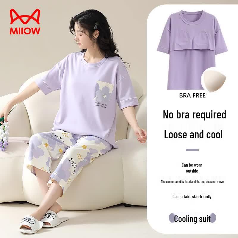 Mao Ren Women s 100% Cotton Pajama Set with Chest Pads M