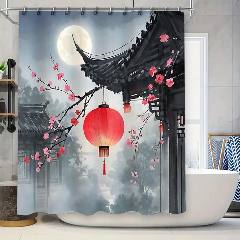 

Elegant Blue Asian Shower Curtain With Pink Cherry Blossoms And Red Lantern Under Golden Moon Waterproof Durable Easy-Clean W60H190(CM)-1 Pcs